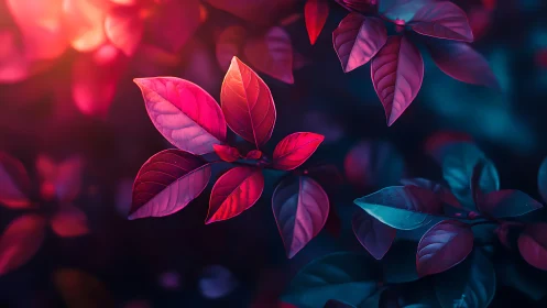 Glowing magenta leaves in a dreamy twilight garden.