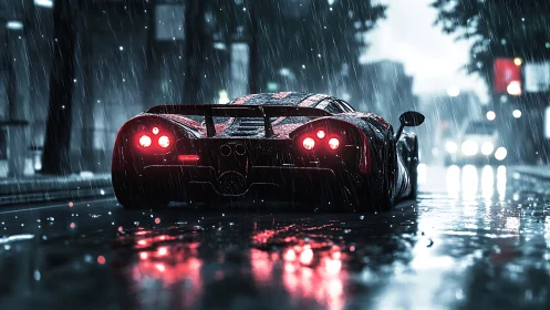 Supercar rear view in cinematic rainy night city street scene.