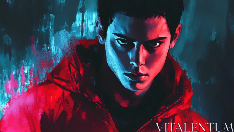 Bicolor neon portrait isolates a hooded figure in harsh chiaroscuro