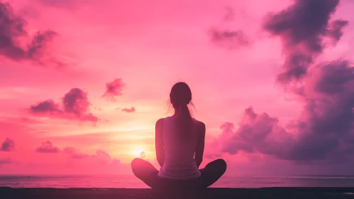 Woman meditates at vivid pink ocean sunset horizon.