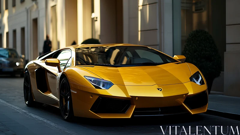 Low-angle view of yellow supercar with sharp specular highlights