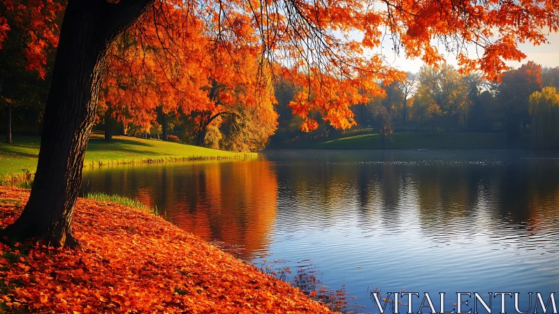 Fiery autumn foliage over tranquil reflective lakeside.