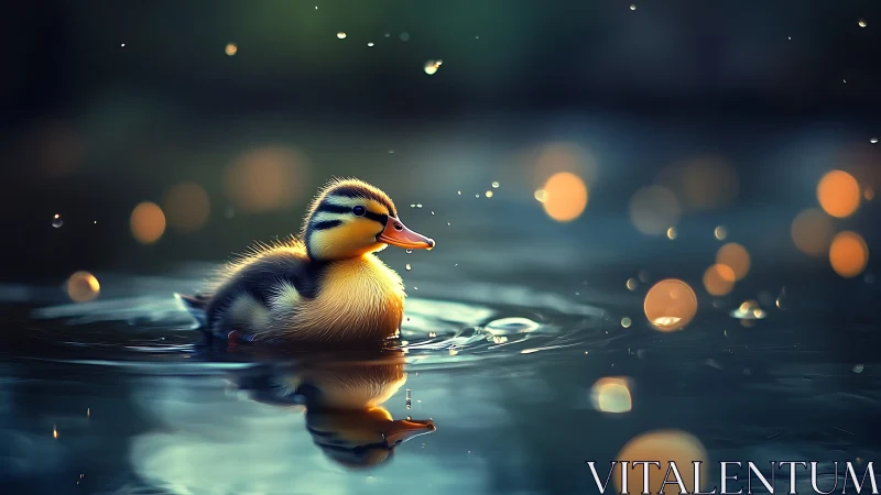Photorealistic duckling portrait with bokeh water illumination.