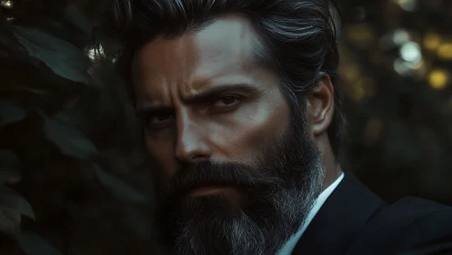 Bearded man in suit with intense gaze outdoors.