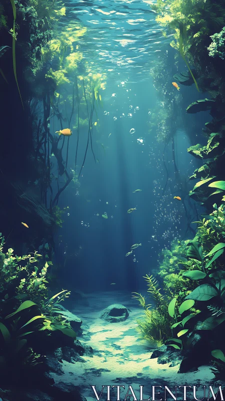 Underwater kelp canyon with fish and filtered surface light.