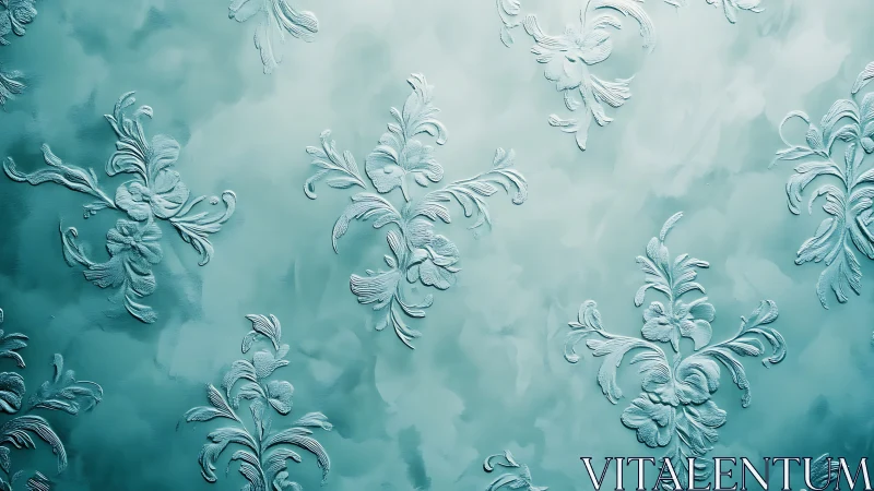 Ornate teal baroque relief pattern with soft glossy texture.