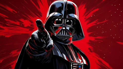 Masked dark warrior points forward against radiant red field