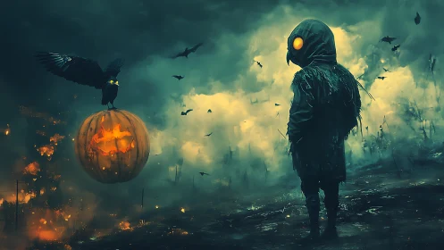Plague crow figure confronts glowing jack o lantern raven.