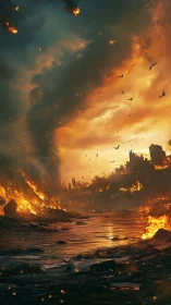 Burning riverside ruins under apocalyptic storm sky.