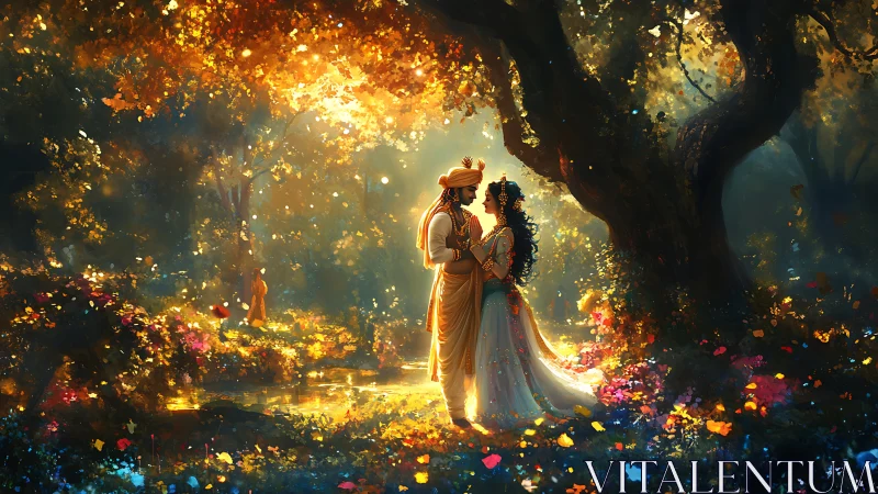Luminous Figures Embrace Within Golden Forest Sanctuary.