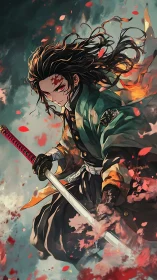 Sword-wielding warrior in storm of red petals and fire.