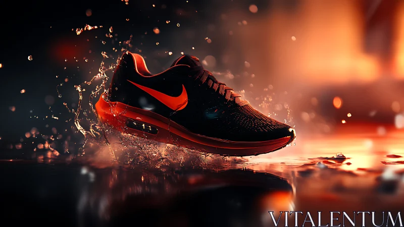 Black and orange running shoe in dynamic water splash motion