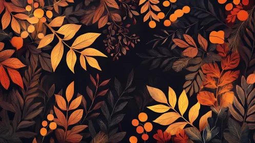 Autumn foliage glows against deep shadowed background.