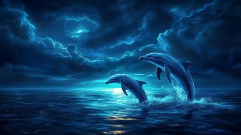 Playful dolphins dancing in dreamy moonlit ocean glow.