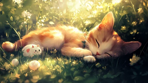 Ginger feline with white mascot figure in sunlit botanical setting.