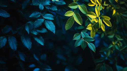 Cool-toned foliage study with selective warm light on foreground leaves