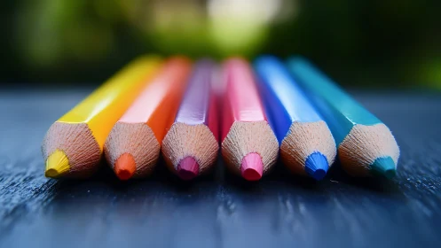 Row of sharpened colored pencils on dark flat surface.