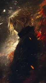 Profile view shows blond figure against chaotic, fiery backdrop