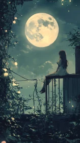 Solitary girl on balcony studies oversized luminous moon