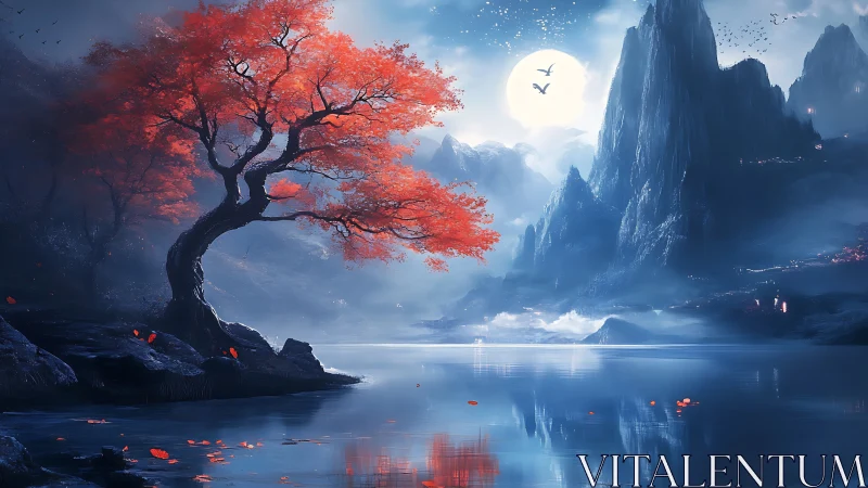 Fantasy lakeside maple under moonlit alpine skyline.
