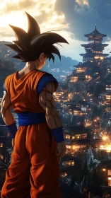 Anime warrior overlooks dense, illuminated mountainside city