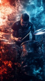 Drummer framed by bicolor volumetric smoke and dynamic stage lighting