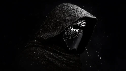 Hooded armored figure in fragmented metallic mask, dark field