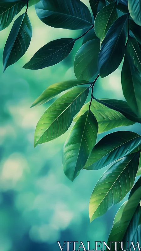 Green foliage close-up with blurred turquoise background.