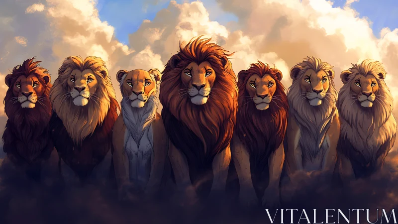 Seven Majestic Lions in Atmospheric Golden Hour Composition.