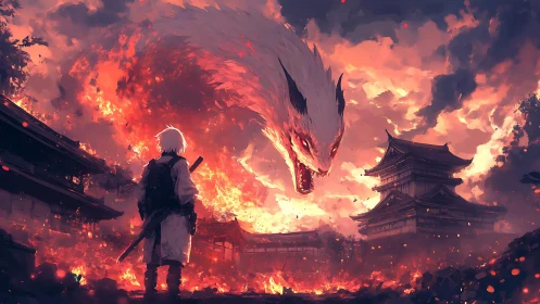 Storm of fire and spirit above a lone wandering swordsman.