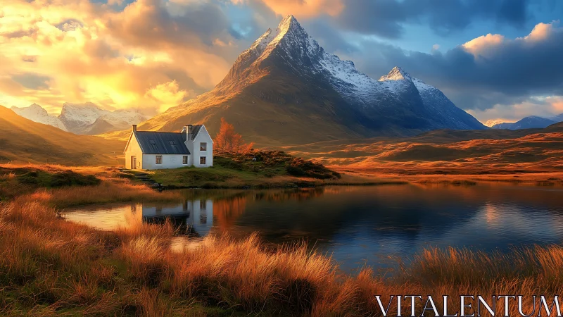 Solitary white cottage cradled by blazing alpine sunset lake.