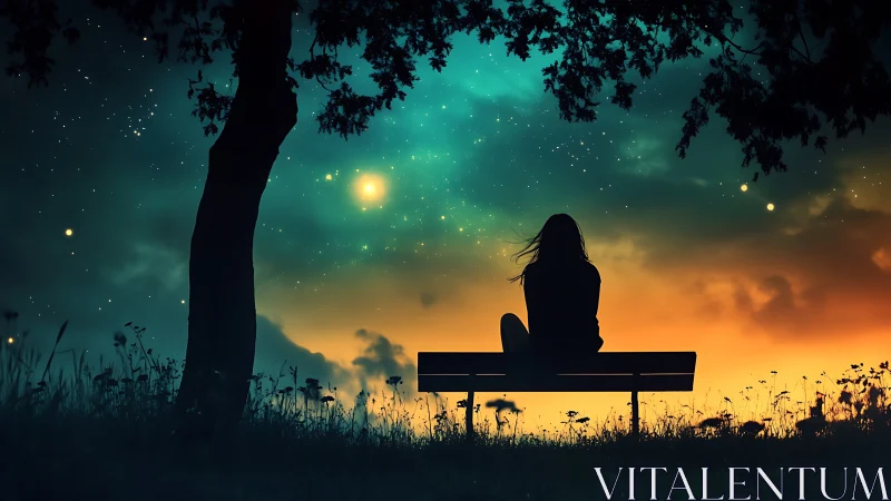Silhouette on bench under vivid starry twilight sky.