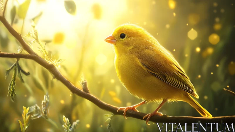 Golden songbird on sunlit branch in glowing bokeh forest.