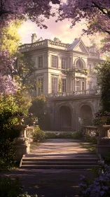 Sunlit neoclassical mansion framed by blooming garden trees