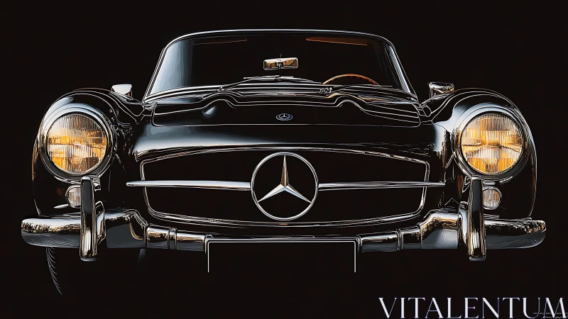 Iconic black roadster front view with luminous chrome accents.