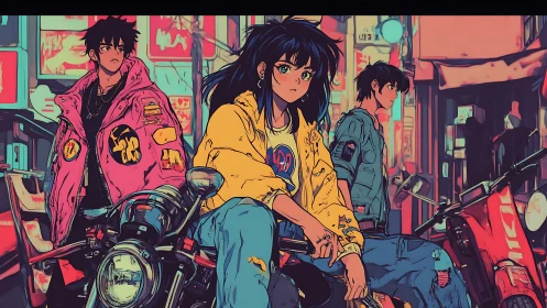 Neon-lit anime bikers dominate cyberpunk street intersection