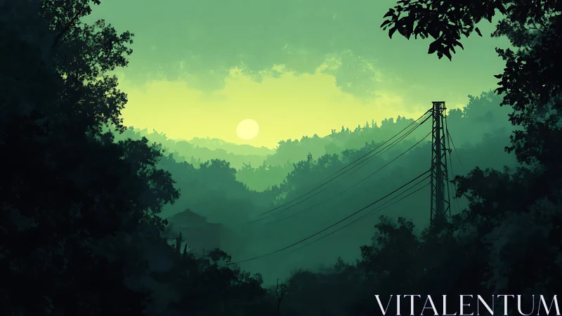 Suspended Bridge Through Emerald Forest at Dawn.