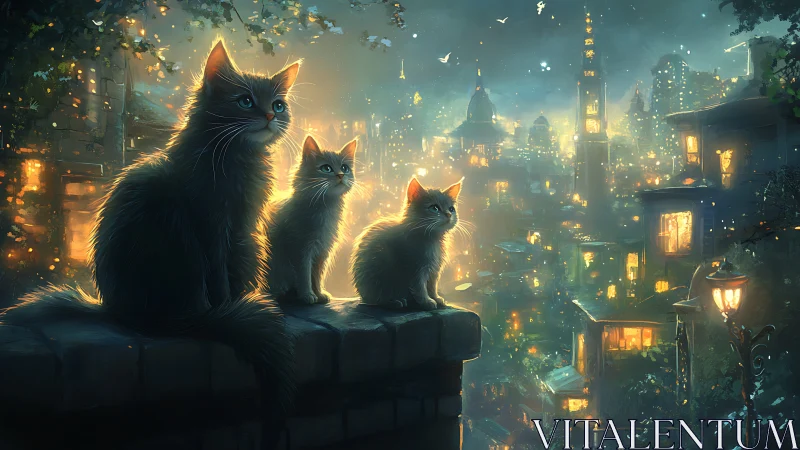 Cats Gazing at a Glowing City from Above.