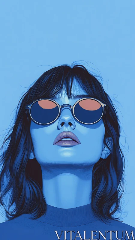 Cool blue muse in reflective sunglasses gazing skyward.