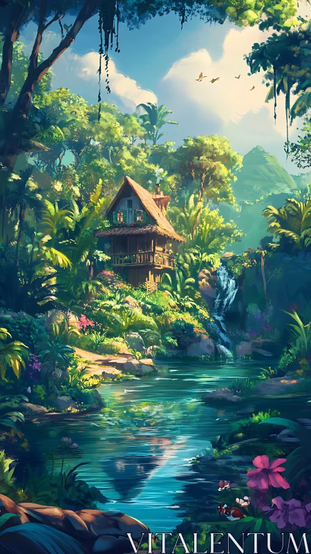 Riverside jungle cottage hums quietly beneath painted skies