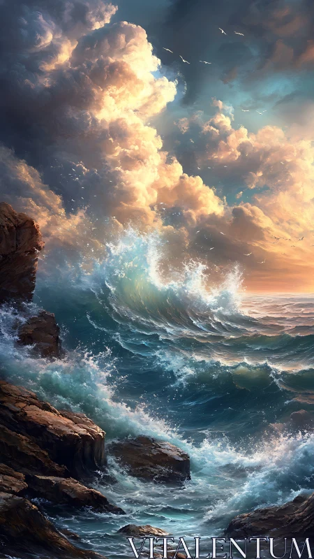 Storm-lit ocean waves crash against rugged sunset cliffs