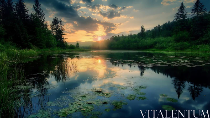 Forest lake at sunset with lily pads and reflected treeline.
