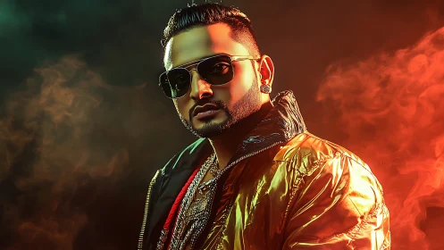 Man in metallic jacket with colored smoke backdrop.