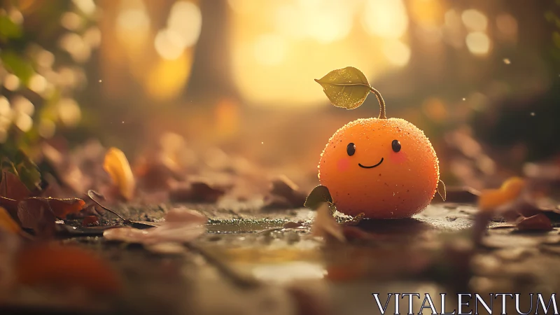 Cute orange character on forest path in warm light.
