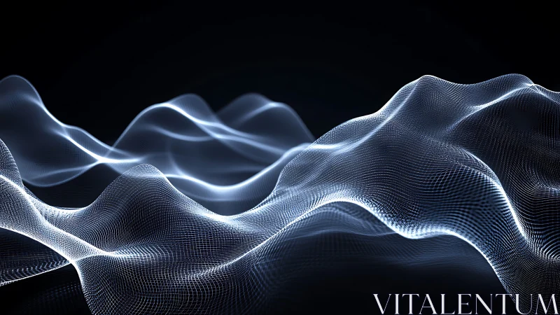 Abstract digital mesh landscape with luminous wave surfaces.