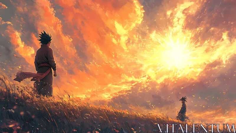 Two figures on hillside under expansive fiery sky.