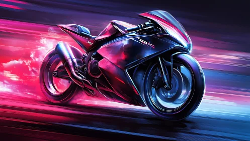 Futuristic superbike in neon motion blur, dynamic angle shot.