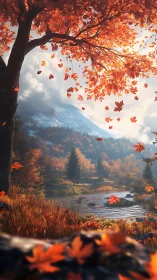 Autumn foliage over river and distant snow covered mountain.