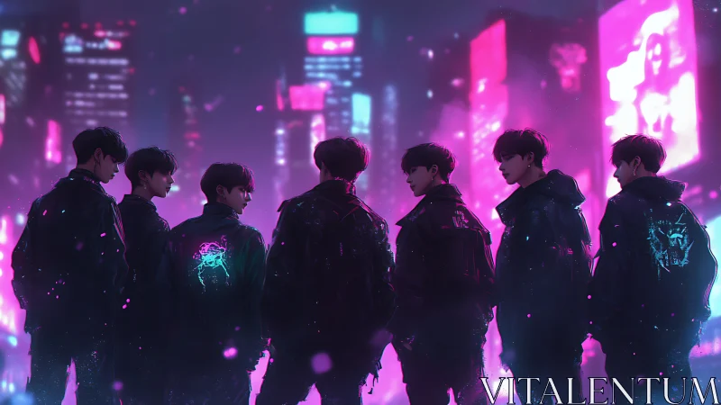 Neon-clad youth collective under cyberpunk city glow.