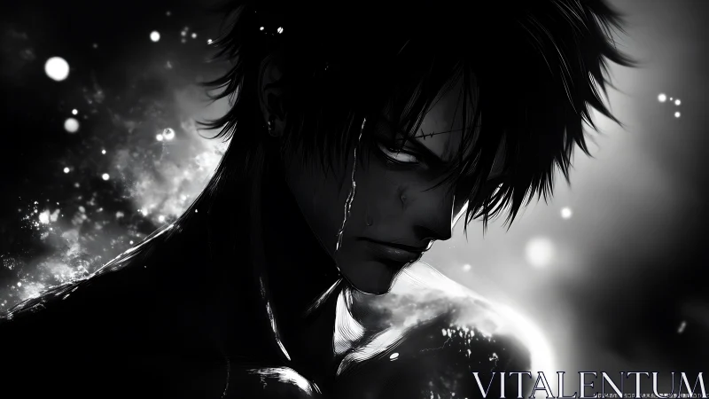 Brooding anime warrior drenched in stark monochrome light.